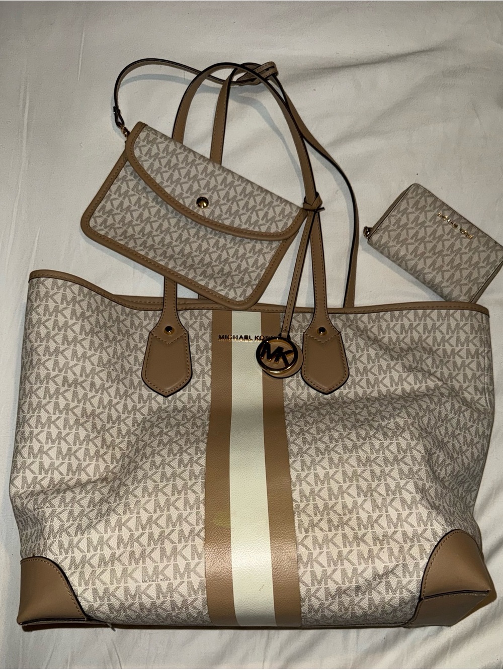 Michael Kors Beige & Tan MK Signature Tote with Stripe and Pouch Set with Wallet